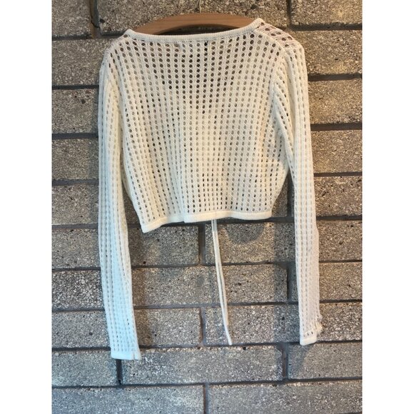 Cider Cropped Knit Cardigan With Floral Appliques Long Sleeves & Drawstring Deta - Picture 7 of 7